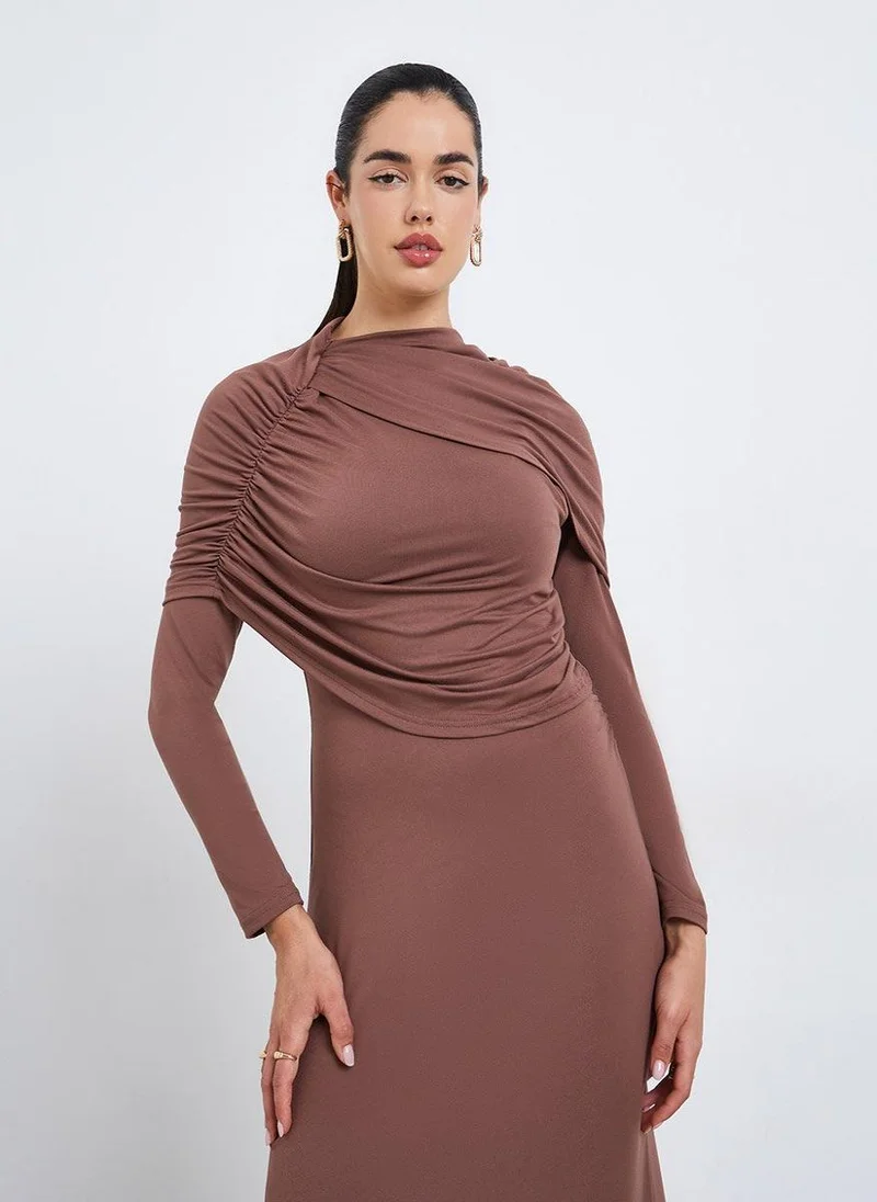 Styli Women Brown Wrap Detail Bodycon Maxi Dress
